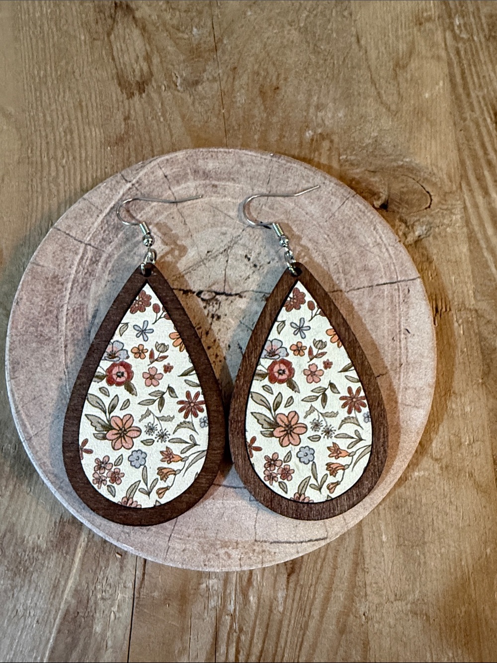 Floral Teardrop Wood Earrings in Cream and Brown